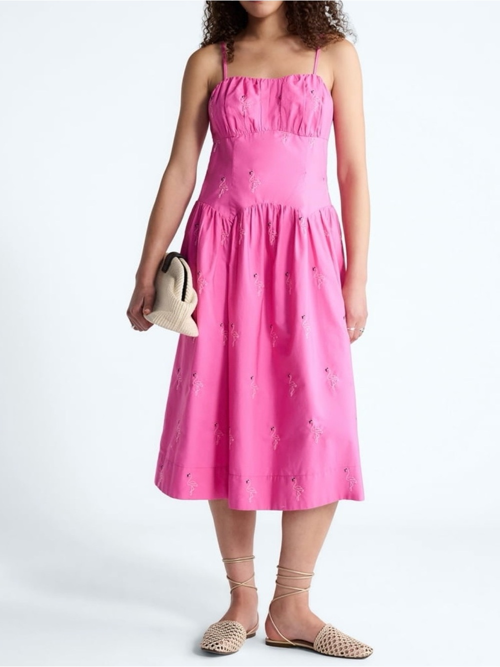 Free Assembly Pink Cotton Spaghetti-Strap Embroidered Tie Back Midi Dress